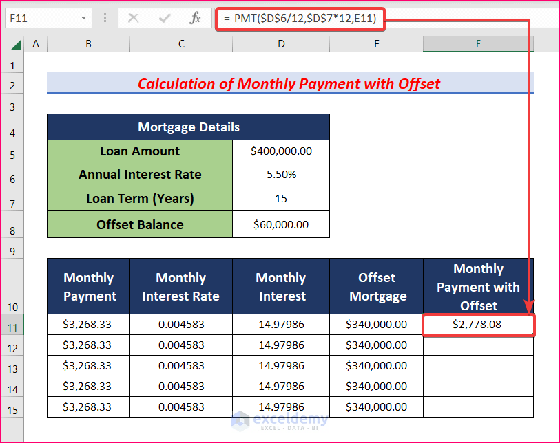 How to Create Offset Mortgage Calculator in Excel (With Easy Steps