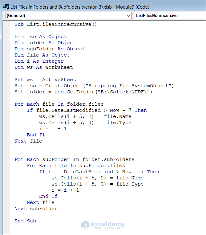 Excel VBA to List Files in the Folder and Subfolders 3 Examples