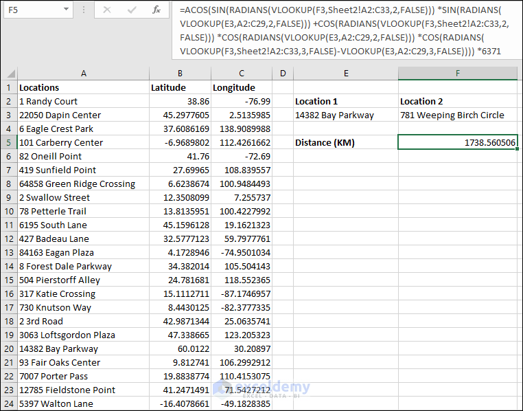 How to Calculate Distance Between Two Addresses in Excel (3 Ways)