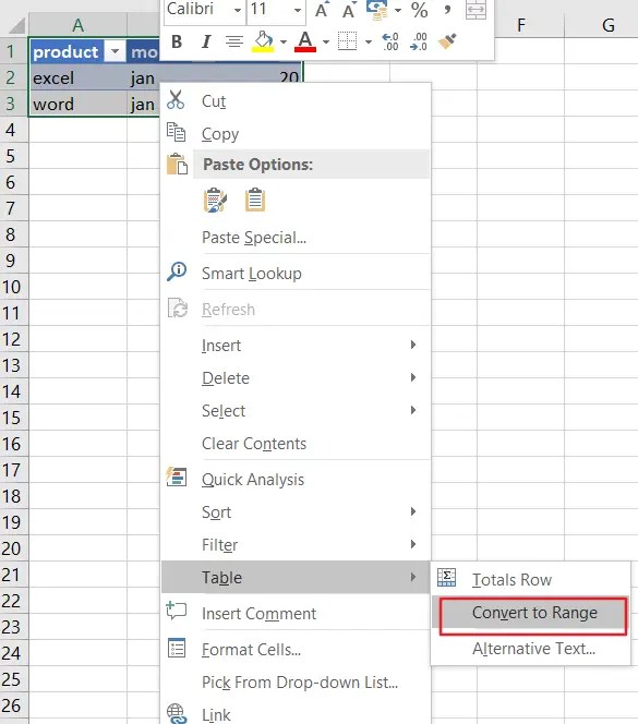 How to Convert an Excel Table to A Range of Data or Vice Versa in Excel
