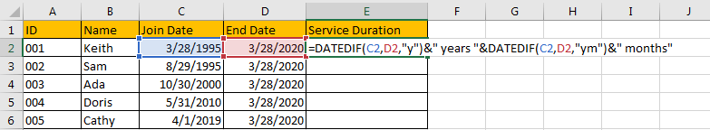 How to Calculate the Length of Service from Join Date to Current Date