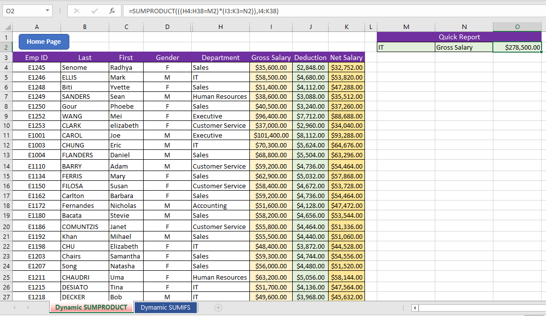 SUMIFS/INDEX/MATCH VS. SUMPRODUCT Functions HR Data Example Data
