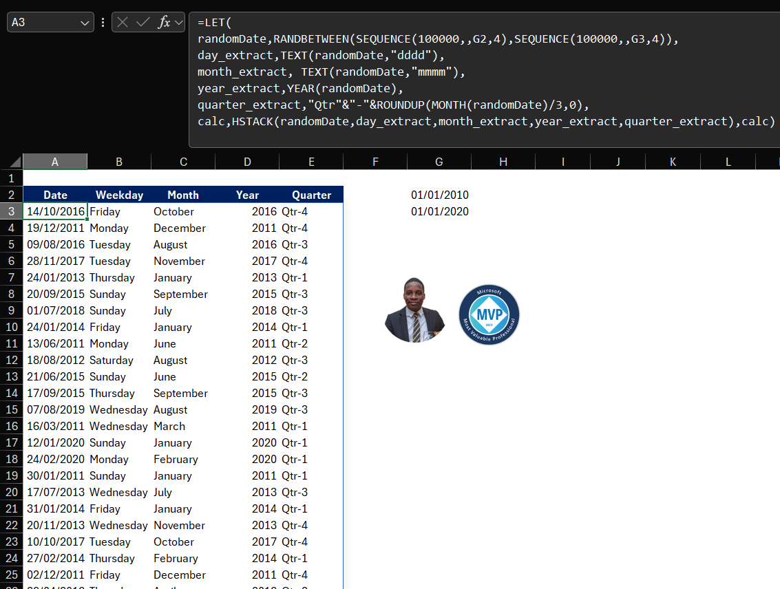 Generate Randomised Dates and Extract Day, Month, Year and Quarter