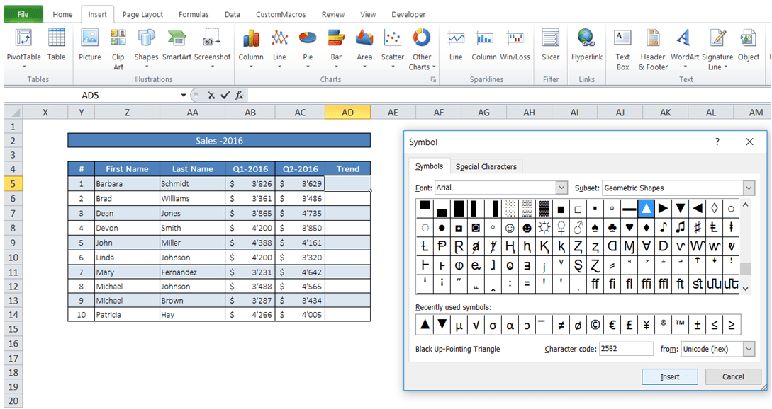 ExcelMadeEasy Vba insert triangle in cells in Excel