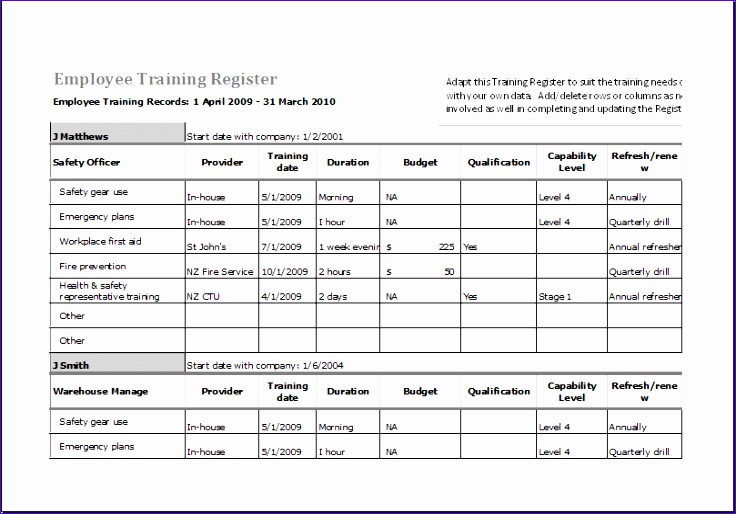 10 Employee Training Register Excel Templates