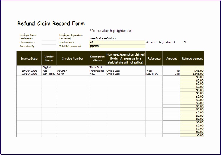 Inspirational Refund Claim Record form Excel Templates