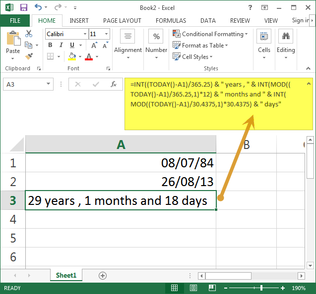 Calculate Years, Months, Days elapsed from a certain date in Microsoft