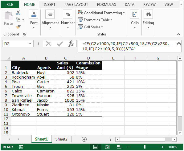 Calculate commission percentage based on a commission schedule in