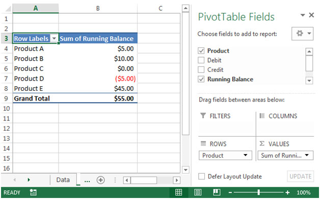 Adding a Running Balance Calculation Column in Microsoft Excel 2010