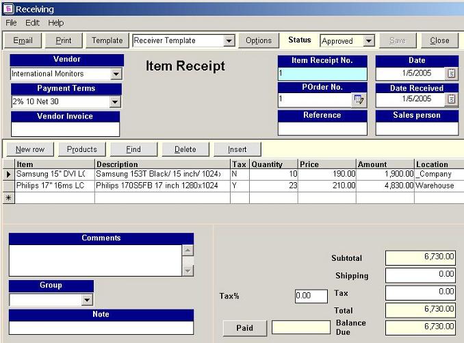 Receipt List, receiving, Golden Inventory System