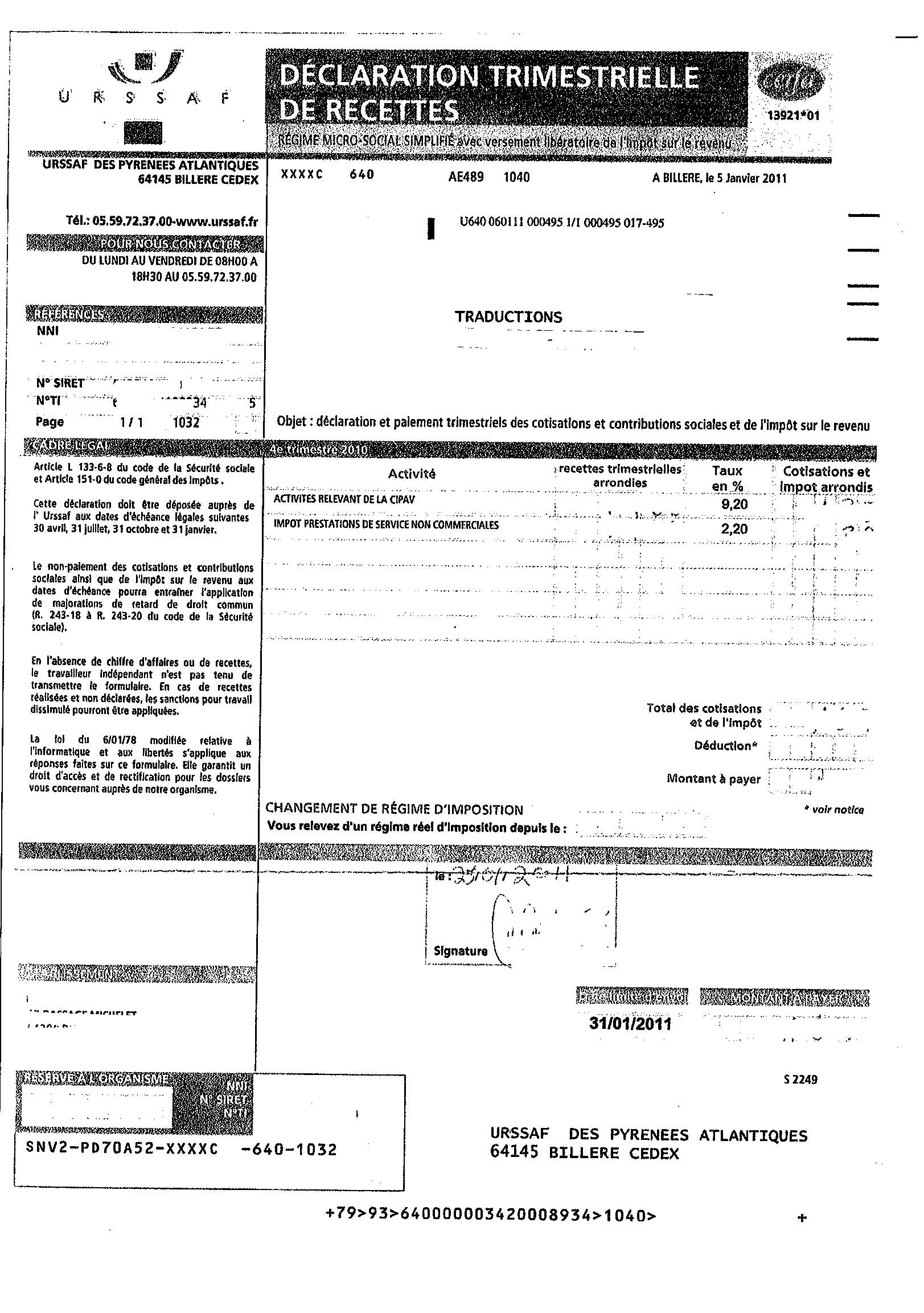 exemple de declaration rsi auto entrepreneur