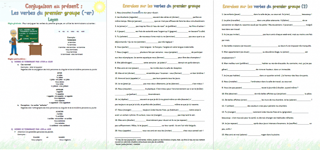 Conjugaison au présent les verbes du premier groupe (er). Leçon et exercices Exercices à