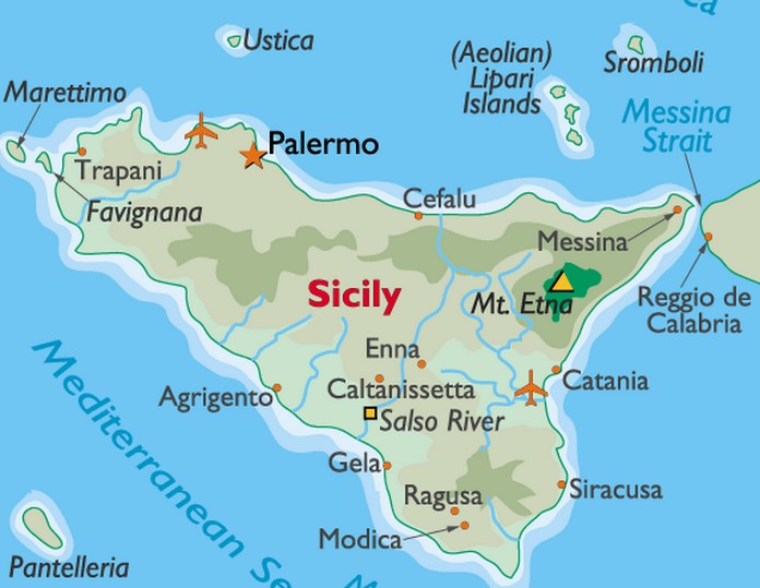 Map of Sicily with major Cities + Places