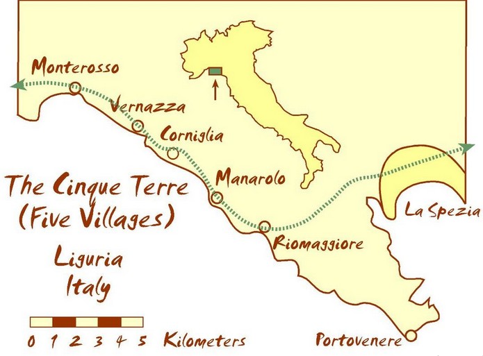 Cinque Terre Italy Political Map Map of the Cinque Terre with major Places + Towns