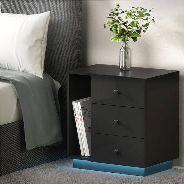 Bedside Tables Side Table Rgb Led 3 Drawers Nightstand High Gloss Black Afterpay zipPay zipMone