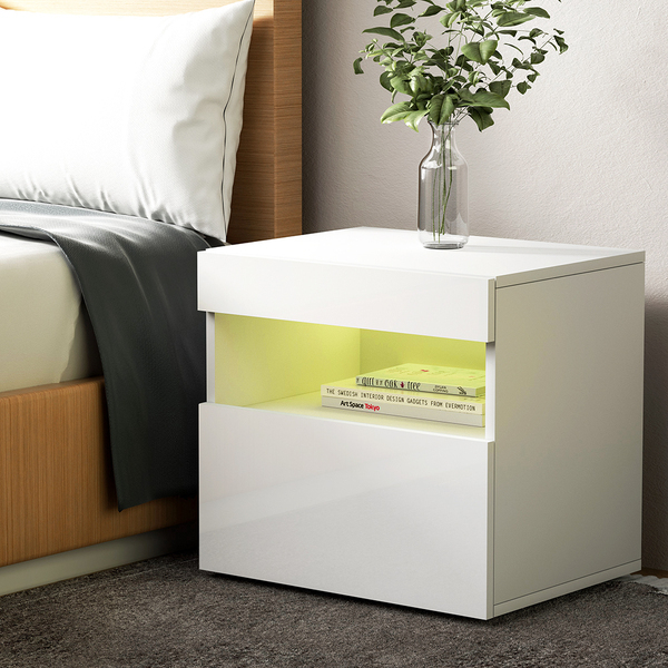 Bedside Tables Drawers Side Table Rgb Led High Gloss Nightstand White Afterpay zipPay zipMoney