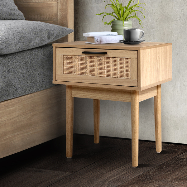 Bedside Tables Table 1 Drawer Storage Rattan Wood Nightstand