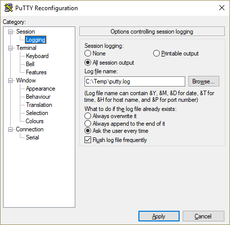 Logging incoming serial data using PuTTY