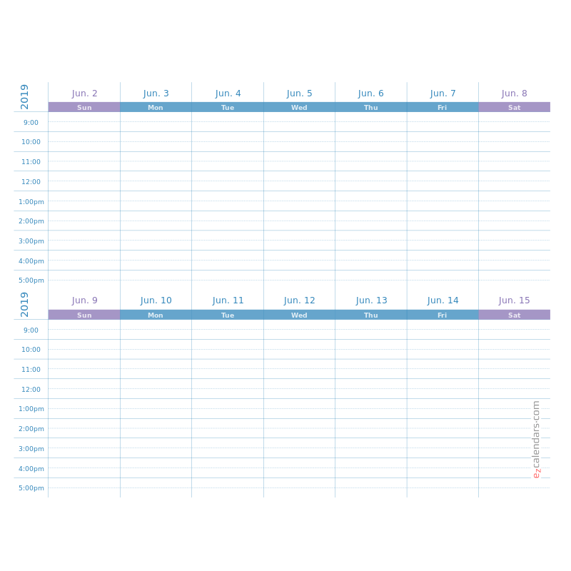 Blue and purple 2 weeks appointment schedule template for 2025 EzCalendars