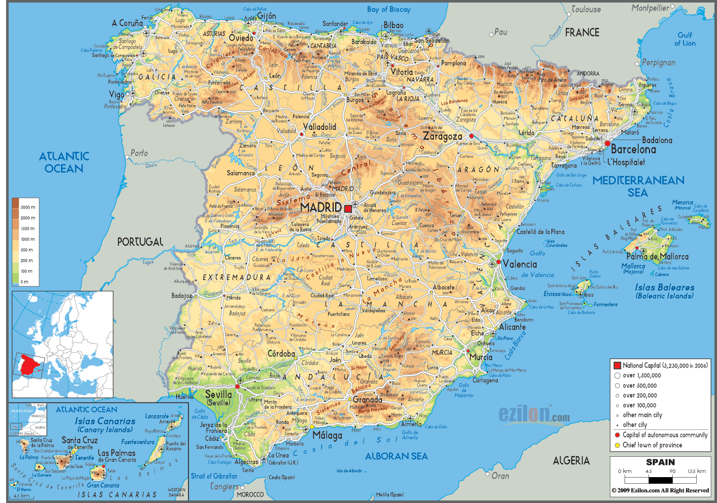 Spanien Karte Physisch Spain Physical Map