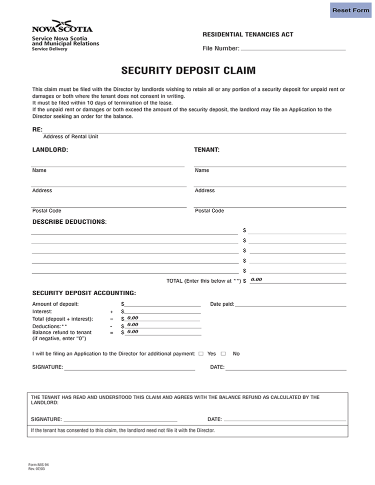 Nova Scotia Security Deposit Claim EZ Landlord Forms Nova Scotia Security Deposit Claim EZ Landlord Forms