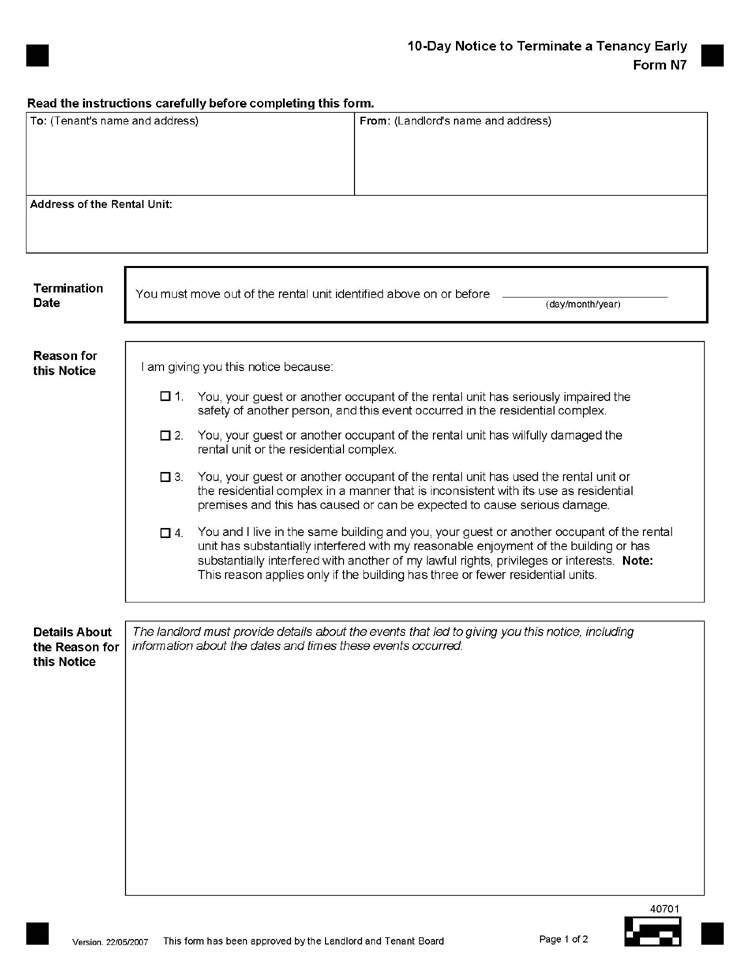 ON 10 Day Notice to End Tenancy Early Form N7 EZ Landlord Forms