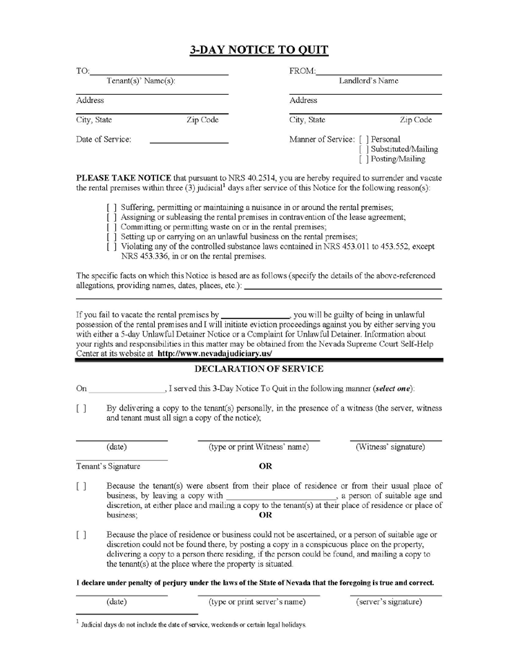 Nevada 3 Day Notice to Quit EZ Landlord Forms