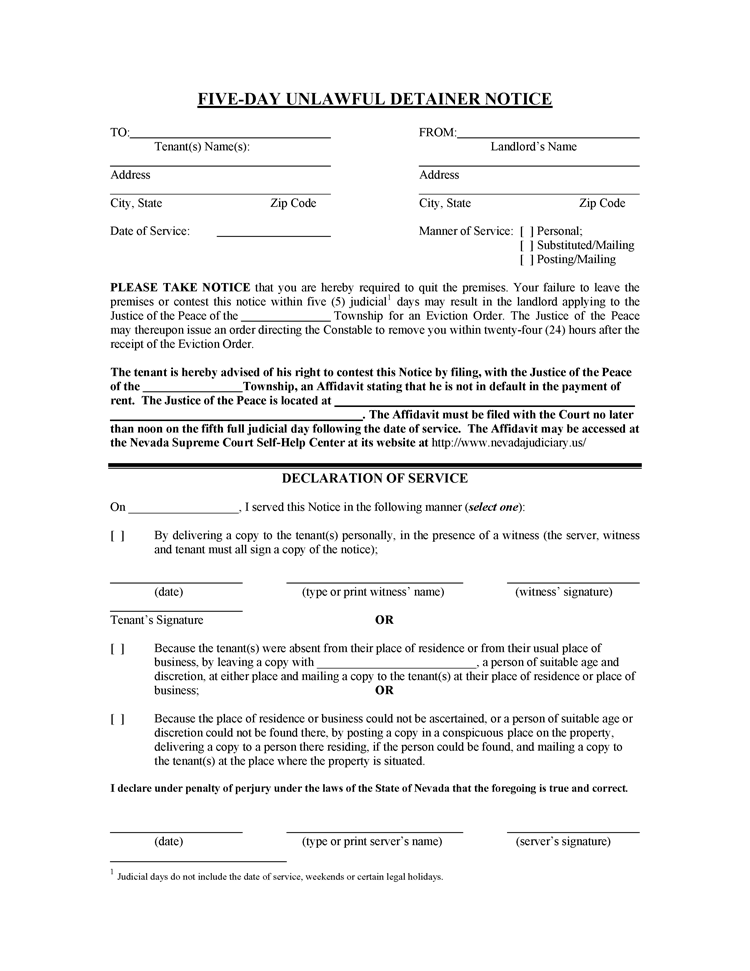 Nevada 5 Day Unlawful Detainer Notice EZ Landlord Forms