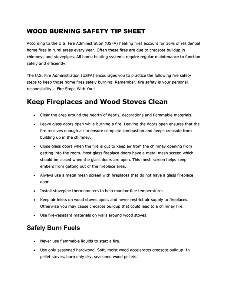 Wood Burning Safety Tip Sheet EZ Landlord Forms