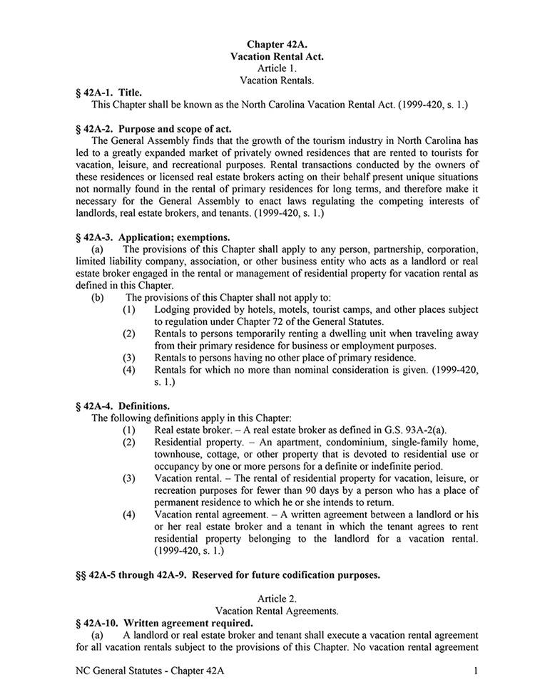 North Carolina Vacation Landlord Tenant Act EZ Landlord Forms
