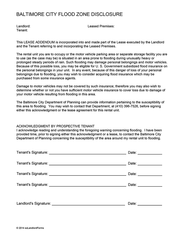 Baltimore City Flood Zone Disclosure EZ Landlord Forms