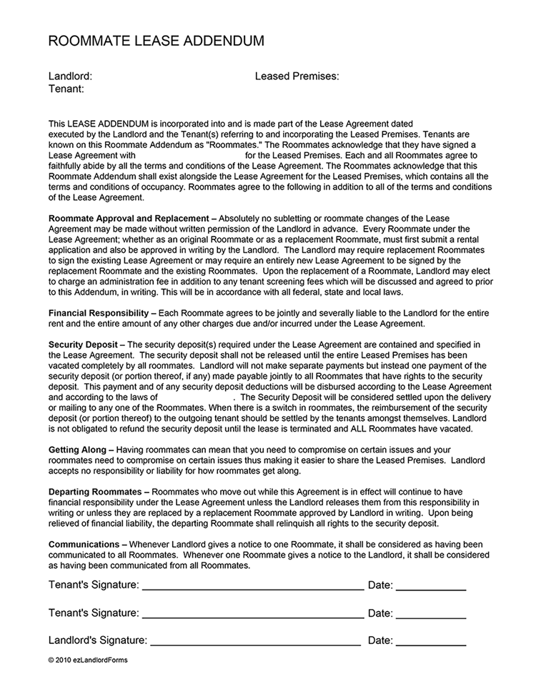 Roommate Lease Addendum EZ Landlord Forms