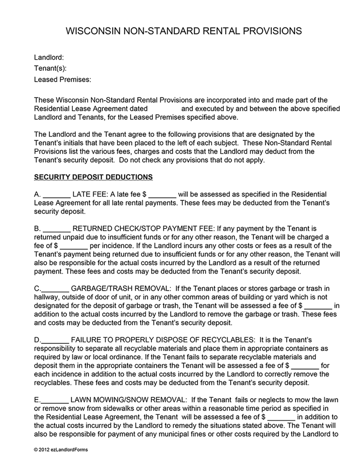 Wisconsin NonStandard Lease Provisions Addendum EZ Landlord Forms