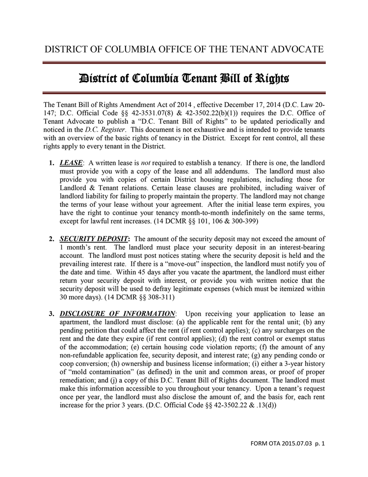 Washington DC Tenant Bill of Rights EZ Landlord Forms