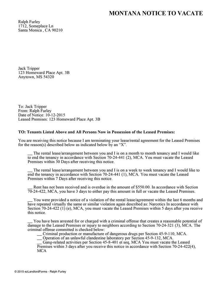 Montana Notice to Vacate EZ Landlord Forms