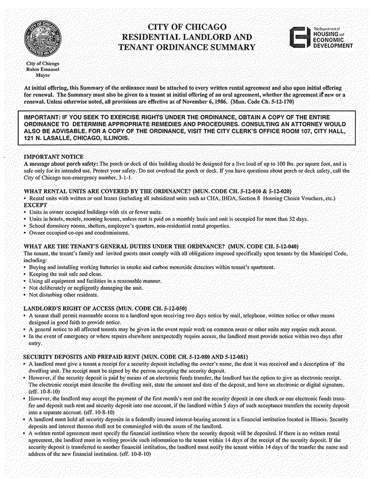 Summary of the Chicago Residential Landlord Tenant Ordinance