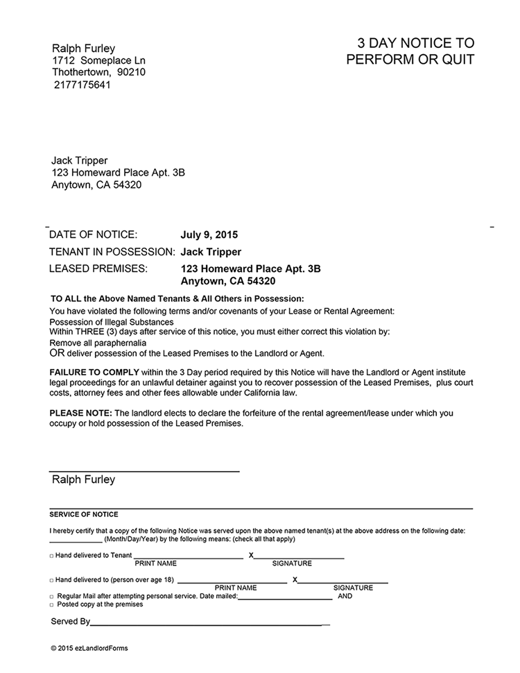 California 3 Day Notice to Perform or Quit EZ Landlord Forms