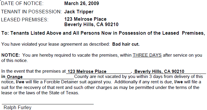 Texas 3 Day Notice to Vacate EZ Landlord Forms