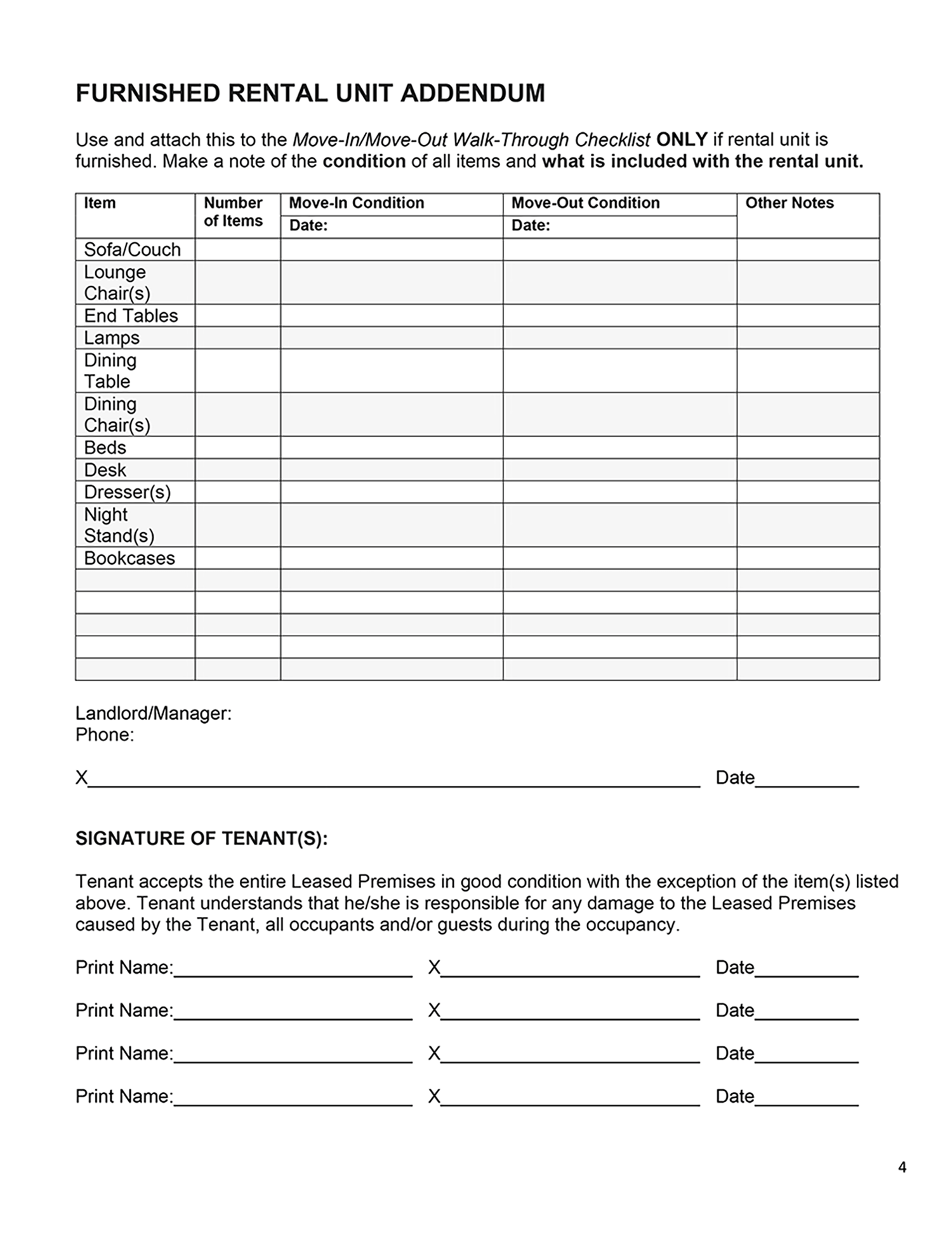 Furnished Rental Unit Addendum Ezlandlordforms Furnished Rental Unit Addendum Ezlandlordforms