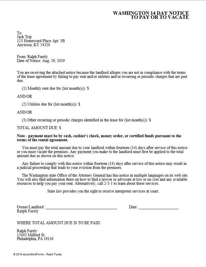 Washington 3 Day Notice to Pay Rent or Vacate EZ Landlord Forms