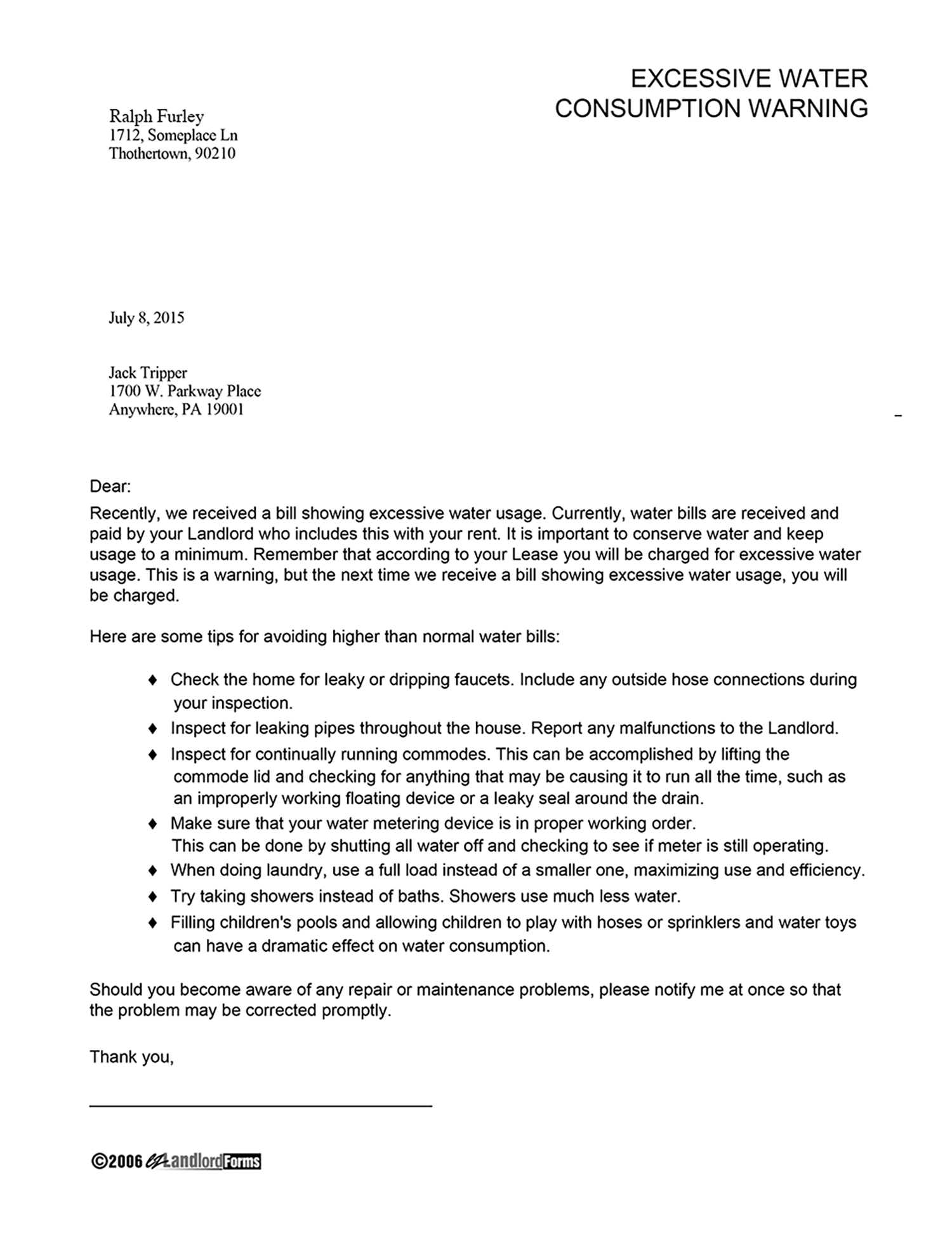 Sample Thank You Letter From Landlord To Tenant of