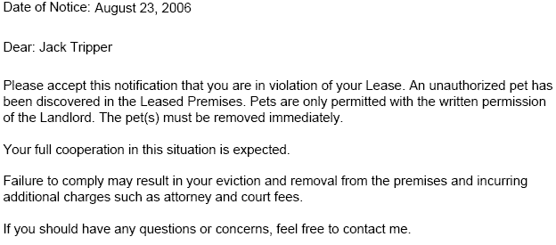 Unauthorized Pet Lease Violation EZ Landlord Forms