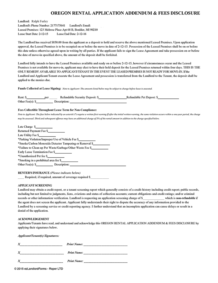 Oregon Rental Application Addendum and Fees Disclosure