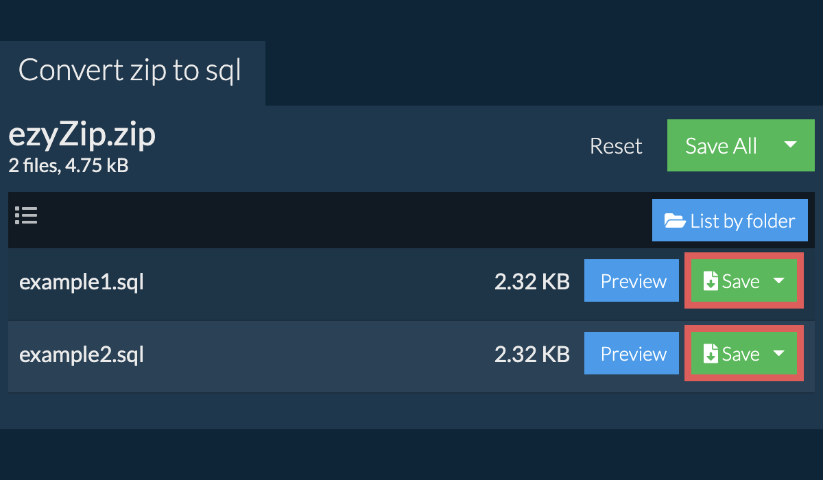 Convert ZIP to SQL Online. Quick, Secure & FREE! ezyZip Convert ZIP to SQL Online. Quick, Secure & FREE! ezyZip