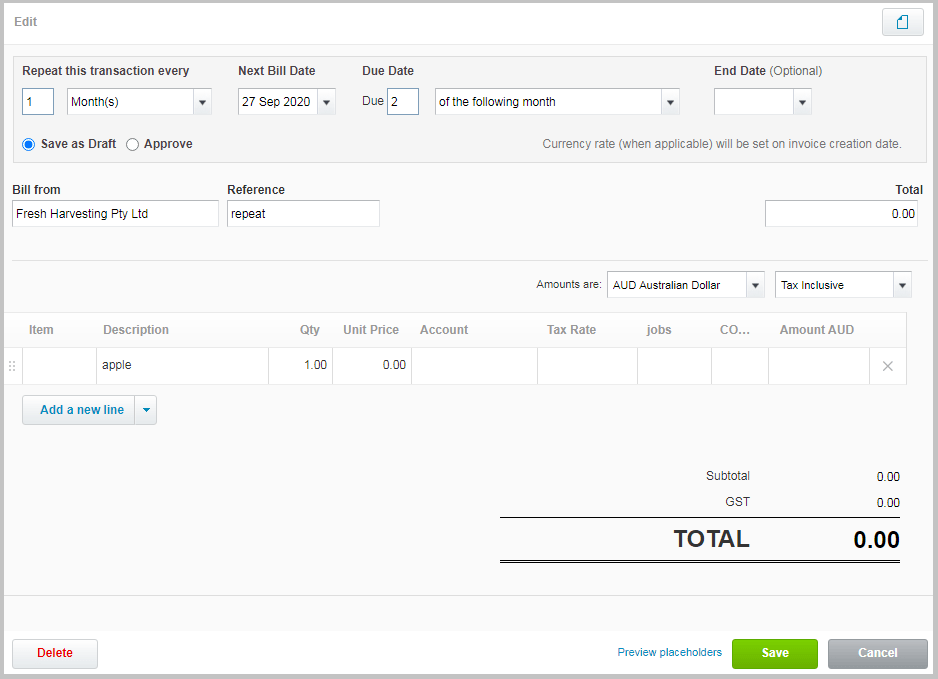 Process Repeating invoices to Xero EzzyBills
