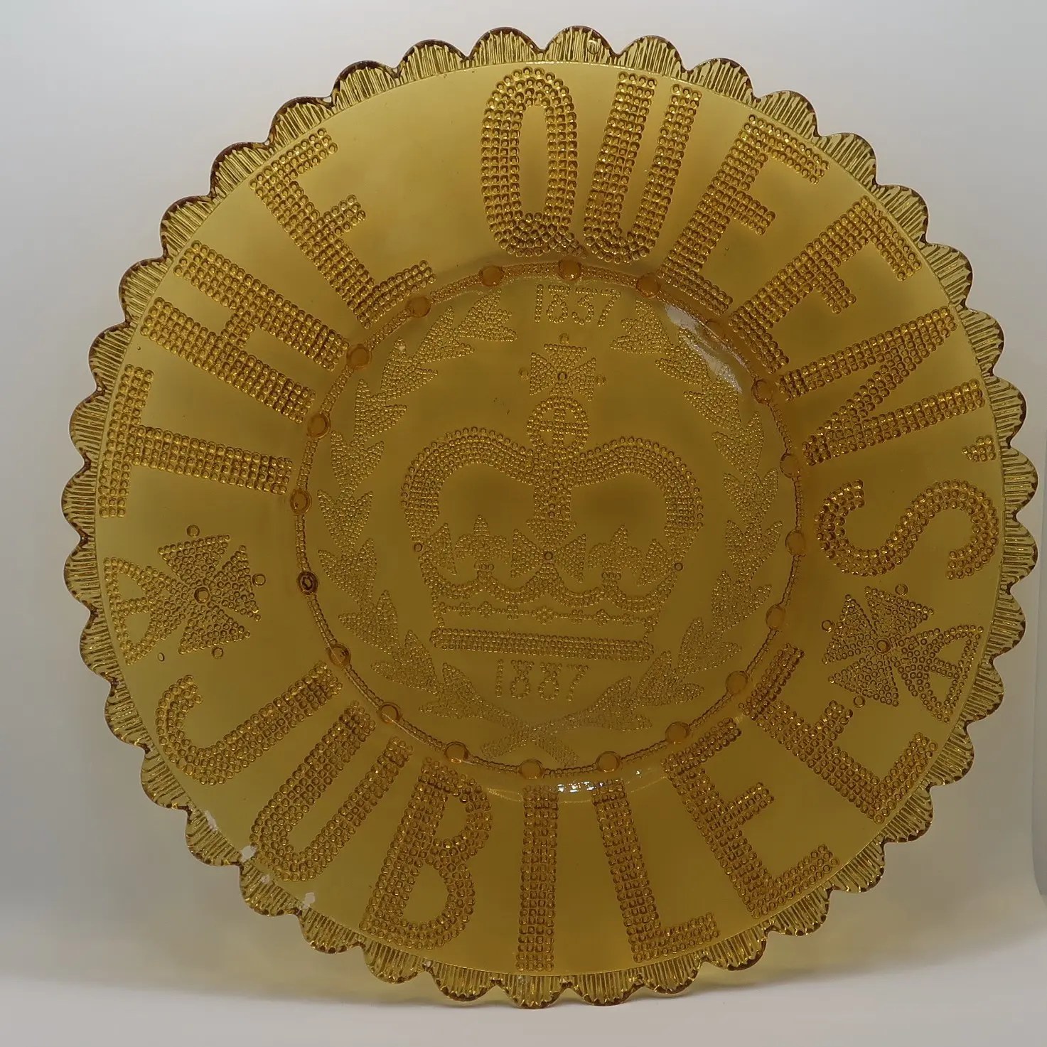 The Queen's Jubilee. Amber Glass Plate. Frost Books and Artifacts Limited
