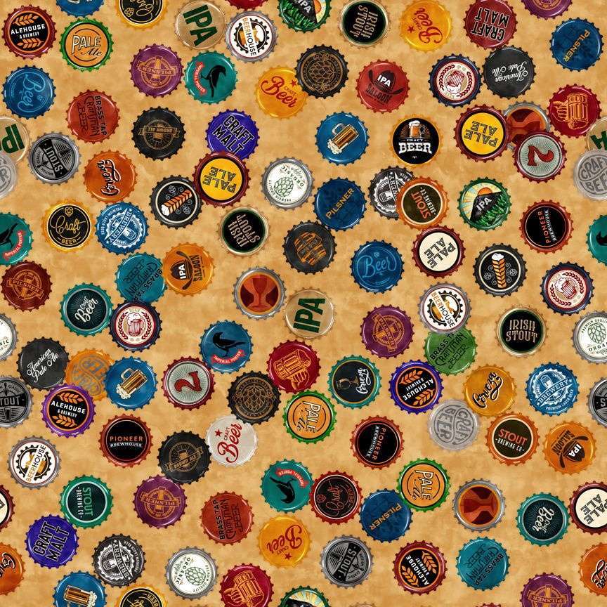 QUILTING TREASURES ON TAP BEER BOTTLE CAPS GOLD Fabric Utopia