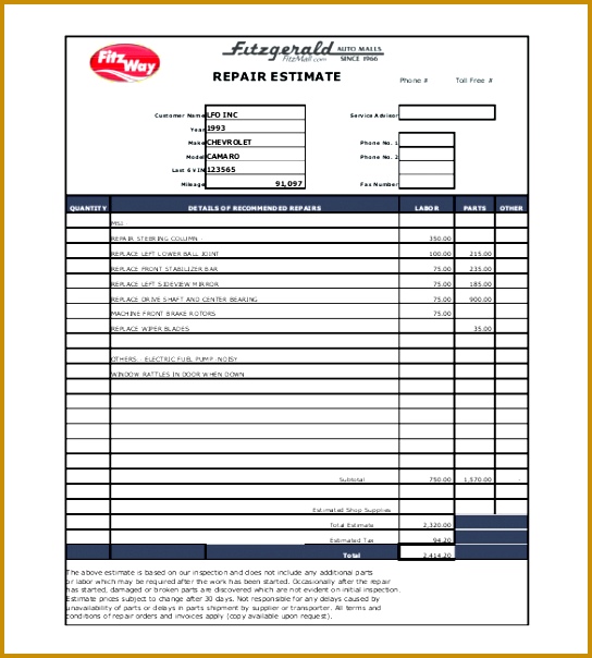 5 Collision Repair Estimate Template FabTemplatez