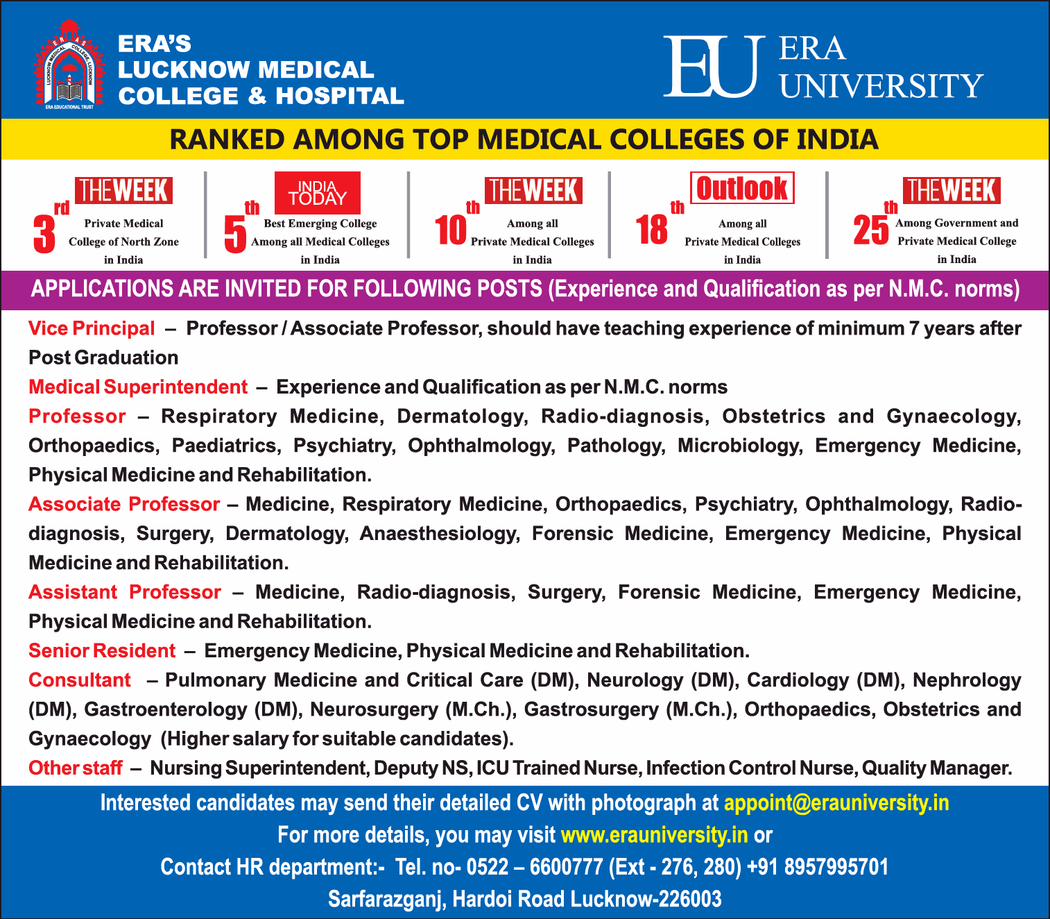 Faculty Recruitment 2021 at ERA University, Lucknow, Uttar Pradesh