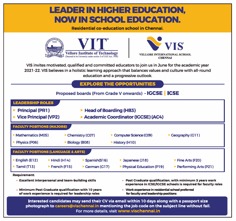 Vellore International School (Group of VIT) Leadership Role & Faculty